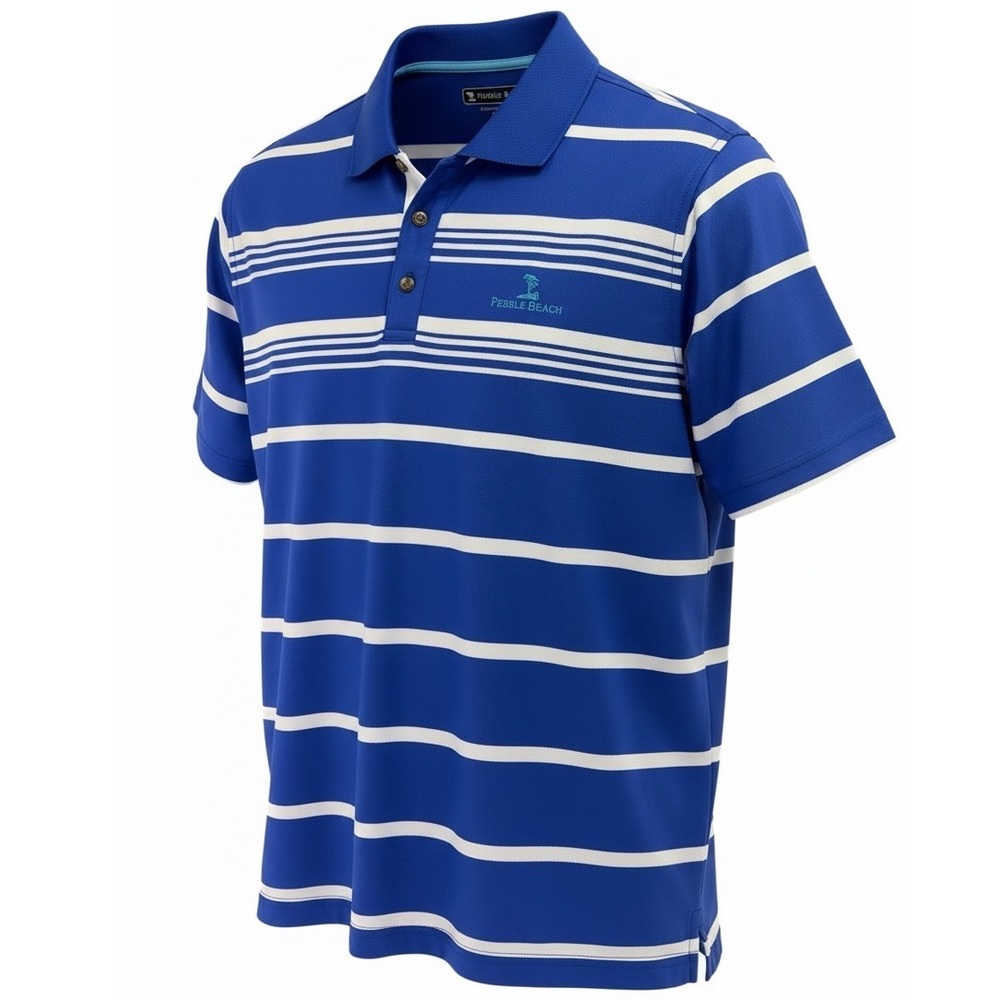 Pebble Beach Performance Mens‎ Large Golf Polo Blue White striped (H15)